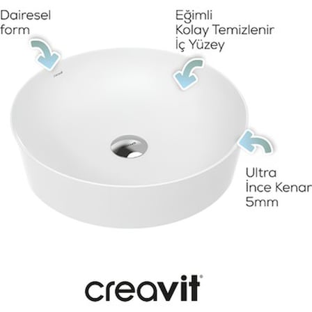 Yuvarlak Beyaz Deliksiz Lavabo, 45 cm Boyutunda