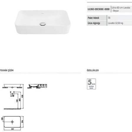 Beyaz Deliksiz Dikdörtgen Lavabo 60 Cm Modern Tasarım