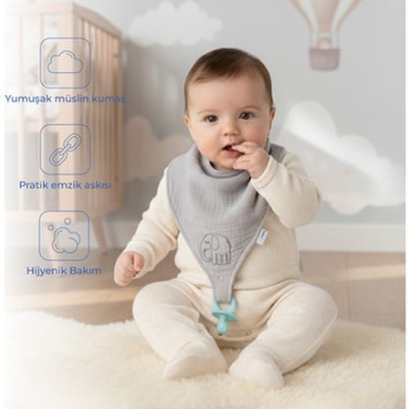 Müslin Mama Önlüğü, Emzik Askılı Tasarımıyla Pratik