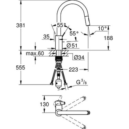 Grohe Eurocosmo Tek Kumandalı Eviye Bataryası Tezgah Üstü Montaj Gri Renk Esnek Yapı
