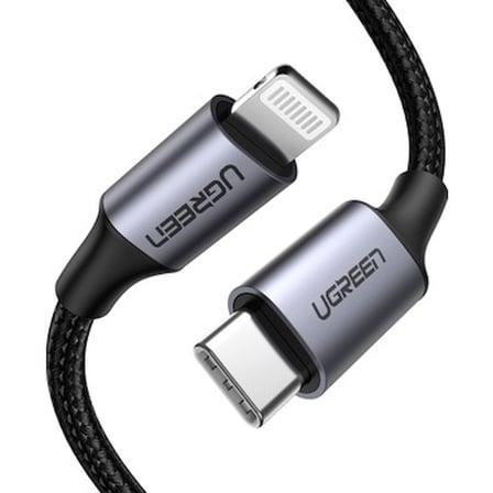 UGREEN USB-C - Lightning 3A PD MFi Sertifikalı Örgülü Hızlı Şarj Kablosu, 1 m, Siyah,
