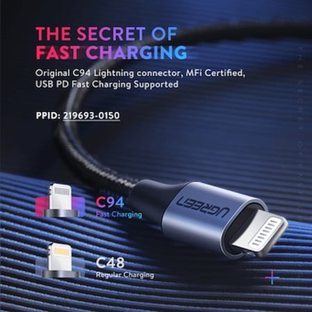 UGREEN USB-C - Lightning 3A PD MFi Sertifikalı Örgülü Hızlı Şarj Kablosu, 1 m, Siyah,