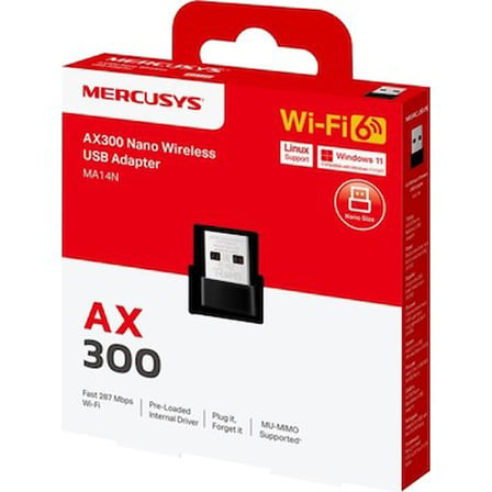Mercusys MA14N | AX300 Mbps Nano USB Wi‑Fi 6 Adaptör | Kolay Kurulum | Windows & Linux Uyumlu |