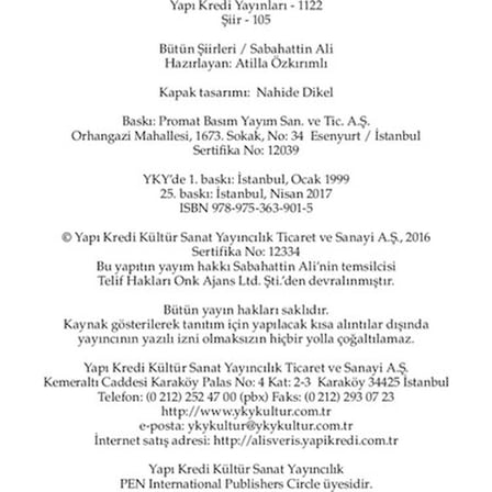Yapı Kredi Yayınları Bütün Şiirleri - Sabahattin