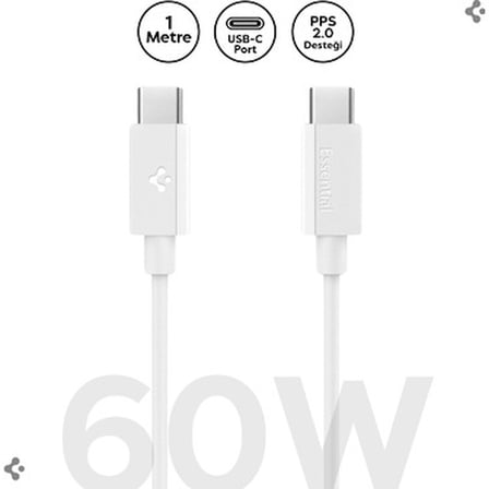 Spigen USB-C to USB-C 1 Metre Kablo 60W Güç / PPS 2.0 Super Hızlı Şarj / 480 Mbps Data Aktarım Hızı