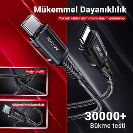 2 Metre Uzunluğunda USB-C Kablo - 5A, 100W Güç Desteği