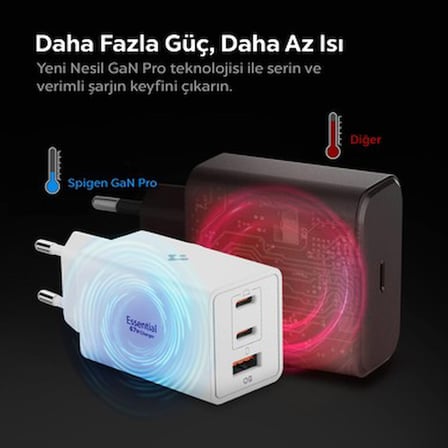 Spigen 67W USB-C + USB-A 3 Port Hızlı Şarj Aleti PPS 3.0 Super Hızlı Şarj GaN Pro Isı Düşürücü Güç