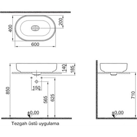 Oval Çanak 40x60 cm Beyaz Lavabo - Kolay Temizlik