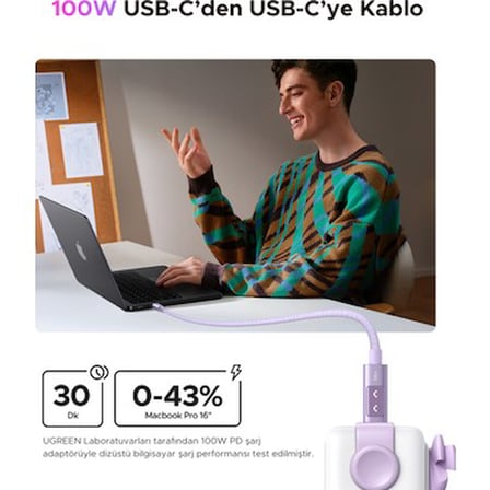 Ugreen Uno Usb-C 100W 5A Qc Pd Örgülü Hızlı Şarj Kablosu, 1 Metre, Mor,
