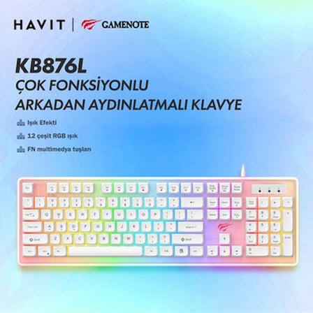 Havit Gamenote KB876L Beyaz Oyuncu Klavyesi Kablolu Standart Tuş Formu Oyun İçin RGB