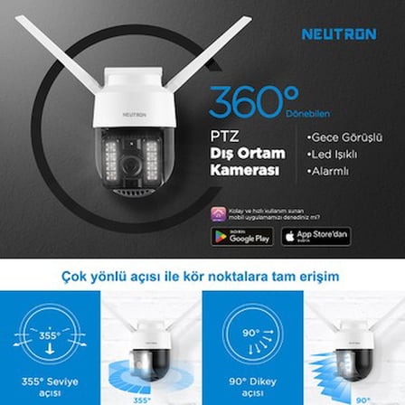 Neutron Gece Görüşlü LED Işıklı 360° Dönebilen Alarmlı Ptz Dış Ortam Kamerası - App ile