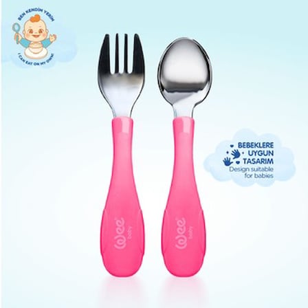 Pembe Paslanmaz Çelik Kaşık ve Çatal Seti - 6 Ay ve Üzeri için