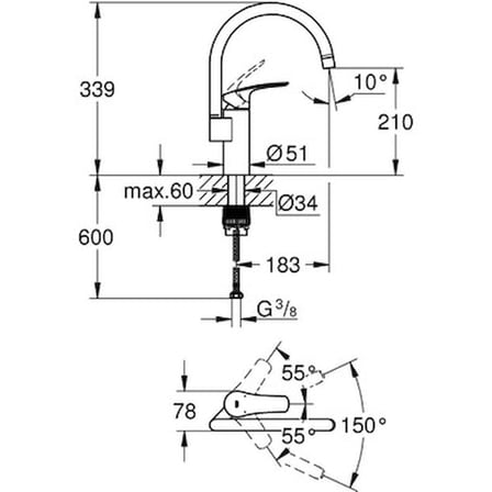 Grohe Tek Kumandalı Krom Eviye Bataryası 210 mm Yüksek Su Akışlı Tezgah Montajı İçin Modern Tasarım