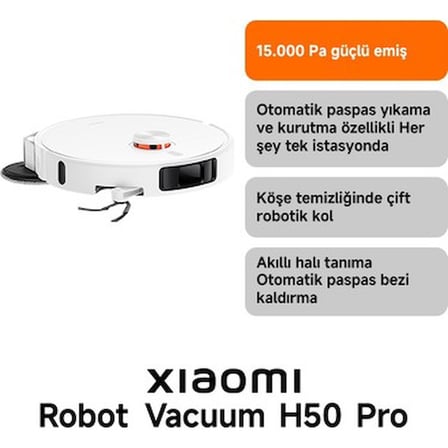 Robot Vacuum H50 Pro Beyaz Akıllı Robot Süpürge + Paspas - 15000 Pa Emiş Gücü ( Xiaomi Tr