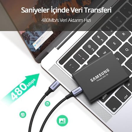 Ugreen Usb-C 100W 5A Qc Pd Örgülü Hızlı Şarj Kablosu, 3 Metre, Siyah -
