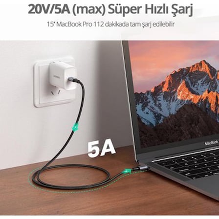 Ugreen Usb-C 100W 5A Qc Pd Örgülü Hızlı Şarj Kablosu, 3 Metre, Siyah -