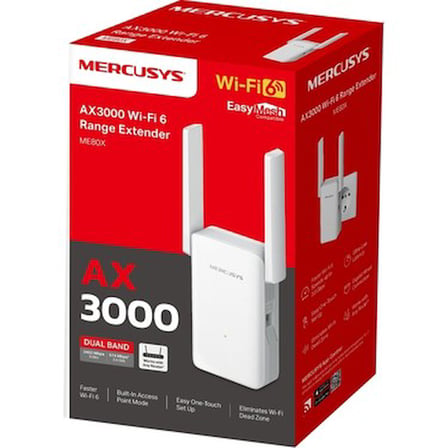 Mercusys ME80X | AX3000 Mbps Dual-Band Wi-Fi 6 Menzil Genişletici | 1 Gigabit Port | 2 Harici Anten