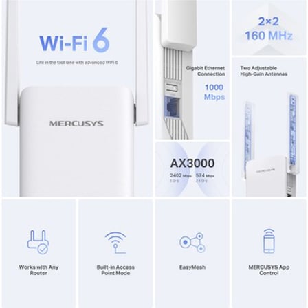 Mercusys ME80X | AX3000 Mbps Dual-Band Wi-Fi 6 Menzil Genişletici | 1 Gigabit Port | 2 Harici Anten