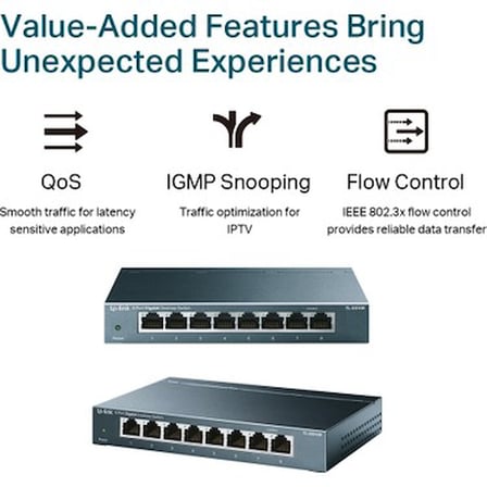 8 Port 10-100-1000 Mbps Switch, Çelik Gövde ile Dayanıklı Tasarım