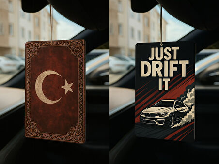 Türk Bayrağı ve Just Drift It - İkili Oto Kokusu - Dekoratif Araç Kokusu ve Aksesuarı