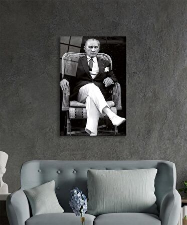 Atatürk Portresi Cam Tablo, Ev ve Ofis Duvar Dekoru, Hediyelik Büyük Temperli 4 mm Cam Tablo