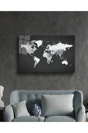 Modern Tablo Siyah Beyaz Dünya Haritası Cam Tablo 90x60 Renkli