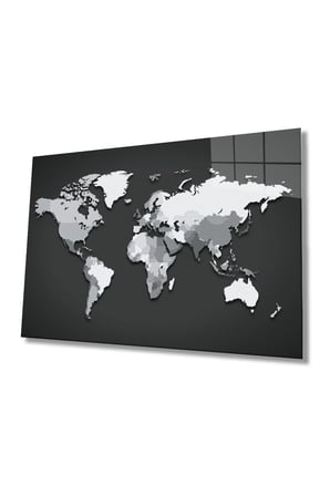 Modern Tablo Siyah Beyaz Dünya Haritası Cam Tablo 90x60 Renkli