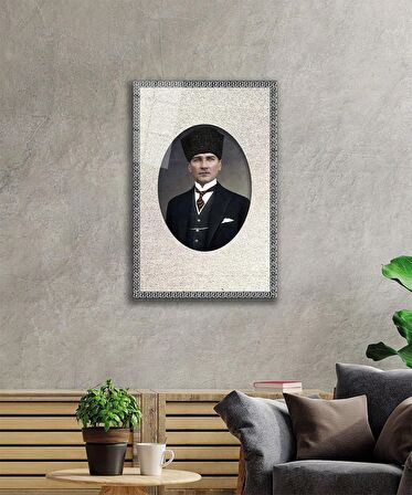 Çerçeveli Atatürk Portresi Cam Tablo, Ev ve Ofis Duvar Dekoru, Hediyelik Büyük Temperli Cam Tablo