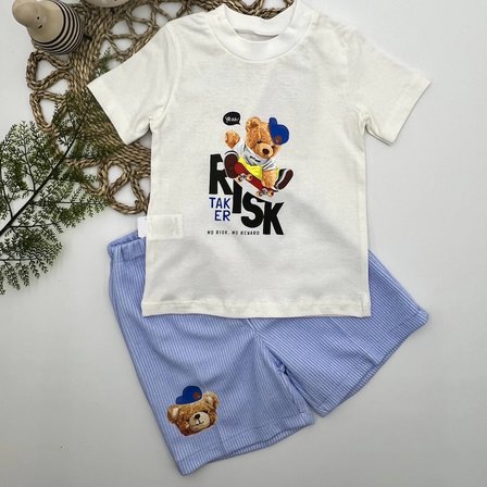 -- Yaş Kaykaycı Ayı Baskılı Şortlu Kısa Kollu Tişört li Erkek Bebek Takımı Ekru