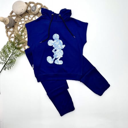 -- Yaş Kapşonlu Payetli Mickey Desenli Kısa Kol li Kız Erkek Çocuk Takımı Lacivert