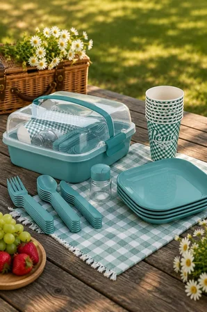Titiz Lovely 32 Parça 6 Kişilik Piknik Seti BPA Free Kapaklı Taşınabilir Piknik Sepeti