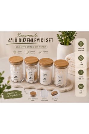 4’lü Ahşap Kapaklı Akrilik Banyo Düzenleyici Seti