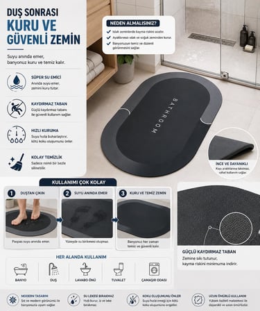 Sihirli Banyo Paspası 38x58 cm - Süper Su Emici, Kaydırmaz ve Hızlı Kuruyan Oval
