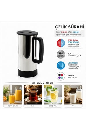 1,5 Litre 304 Paslanmaz Çelik Sürahi | Sıcak Soğuk İçecek Sürahisi | Çelik Termal Sürahi