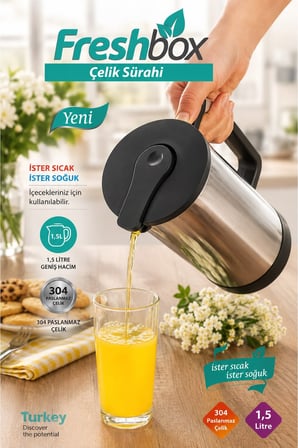 1,5 Litre 304 Paslanmaz Çelik Sürahi | Sıcak Soğuk İçecek Sürahisi | Çelik Termal Sürahi