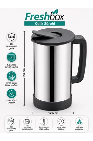 1,5 Litre 304 Paslanmaz Çelik Sürahi | Sıcak Soğuk İçecek Sürahisi | Çelik Termal Sürahi