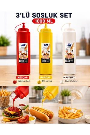 Titiz 3’lü 1000 ml Sos Şişesi Seti Sızdırmaz Kapaklı Sarı Kırmızı Beyaz
