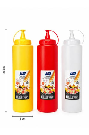 Titiz 3’lü 1000 ml Sos Şişesi Seti Sızdırmaz Kapaklı Sarı Kırmızı Beyaz