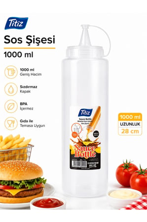 Titiz 3’lü 1000 ml Sos Şişesi Seti Sızdırmaz Kapaklı Sarı Kırmızı Beyaz