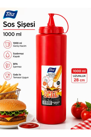 Titiz 1000 ml Sos Şişesi Seti Sarı Kırmızı Şeffaf Sızdırmaz Kapaklı 1 Adet - Beyaz