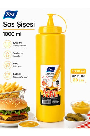 Titiz 1000 ml Sos Şişesi Seti Sarı Kırmızı Şeffaf Sızdırmaz Kapaklı 1 Adet - Beyaz