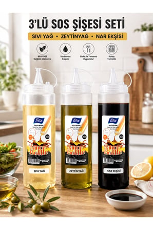 Titiz 3’lü 700 ml Sos Şişesi Seti Sızdırmaz Kapaklı Sarı Kırmızı Beyaz