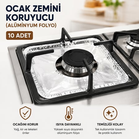 Alüminyum Folyo Ocak Zemini Koruyucu 10 Adet - Tek Kullanımlık Yağ Önleyici 20,5x20,5 cm