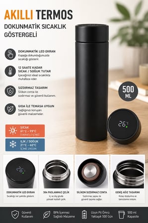 500ml Akıllı LED Göstergeli Çelik Termos - 304 Paslanmaz Vakumlu Isı Göstergeli Mat Siyah