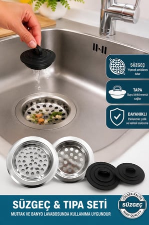 4 Parça Lavabo Süzgeç ve Tıpa Seti Paslanmaz Çelik Mutfak Banyo Gider Süzgeci Gider Kapağı