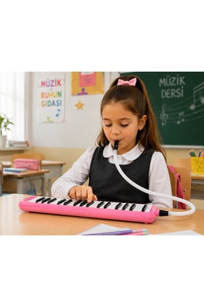 Helvacıoğlu 32 Tuşlu Melodika Çantalı Hortumlu Ağızlıklı Okul Müzik Aleti - Pembe