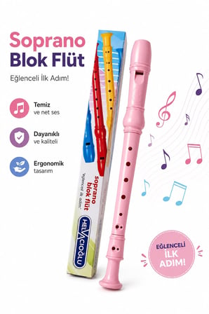 Helvacıoğlu Soprano Blok Flüt 32,5 cm Okul Müzik Dersi Eğitim Flütü Pembe