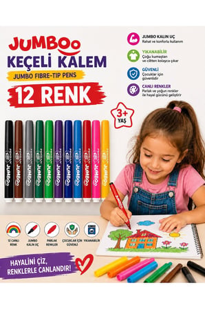 Pensan Kidz Jumboo 12 Renk Yıkanabilir Jumbo Keçeli Kalem Kalın Uçlu Çocuk Boyama Kalemi
