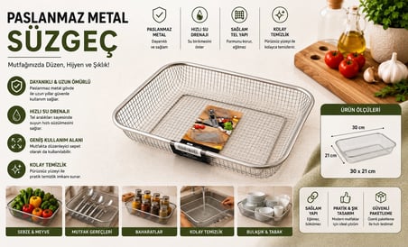 Paslanmaz Metal Dikdörtgen Süzgeç Sebze Meyve Yıkama ve Süzme Sepeti 30x21 cm