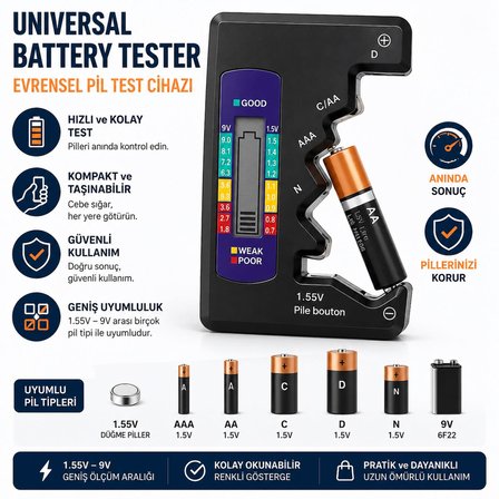 Evrensel Dijital Pil Test Cihazı AA AAA C D N 9V ve Düğme Pil Uyumlu